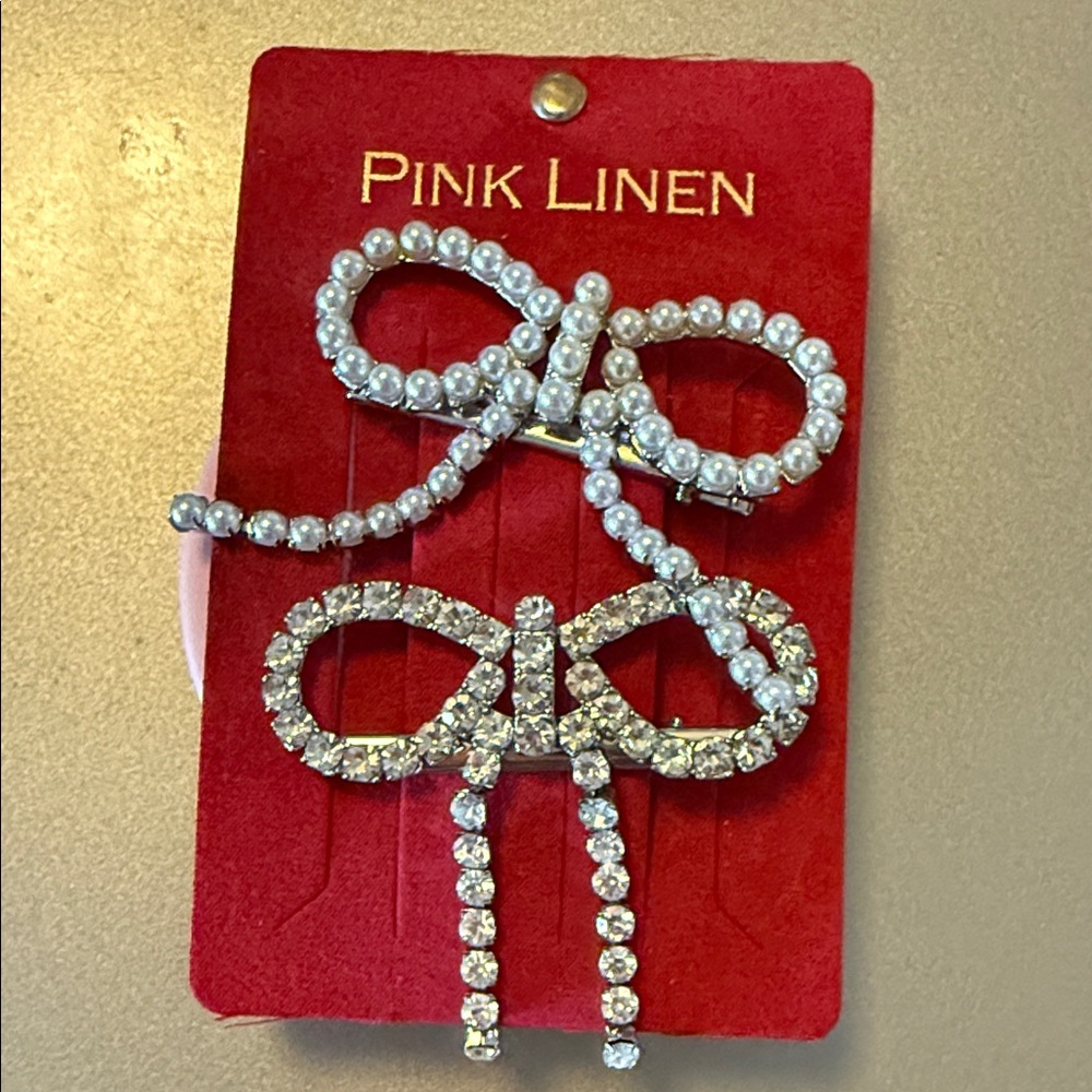 Pink Linen Pearl and Rhinestone Bow Hair Clips